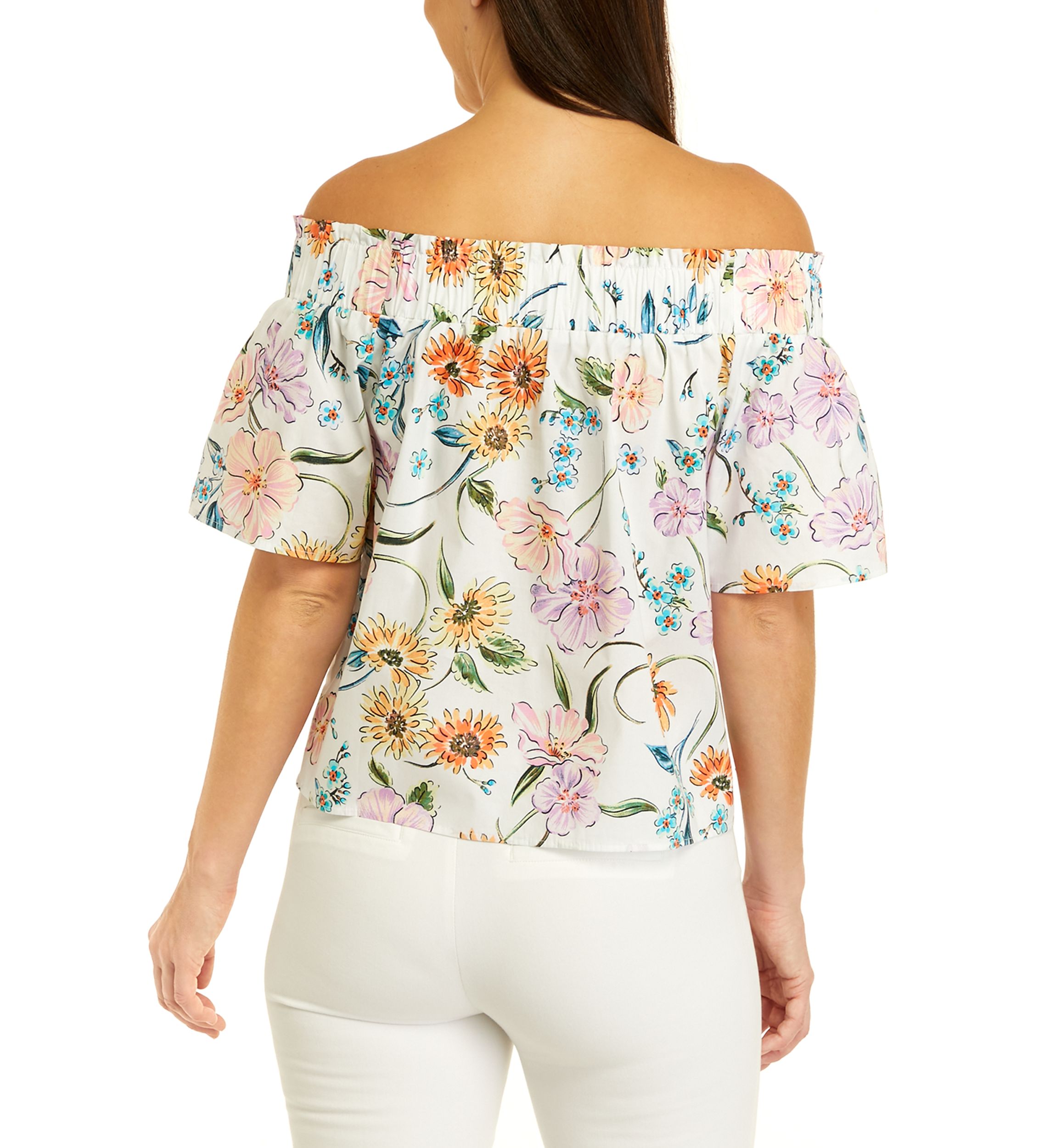 Womens Short Puff Sleeve Floral Print Top