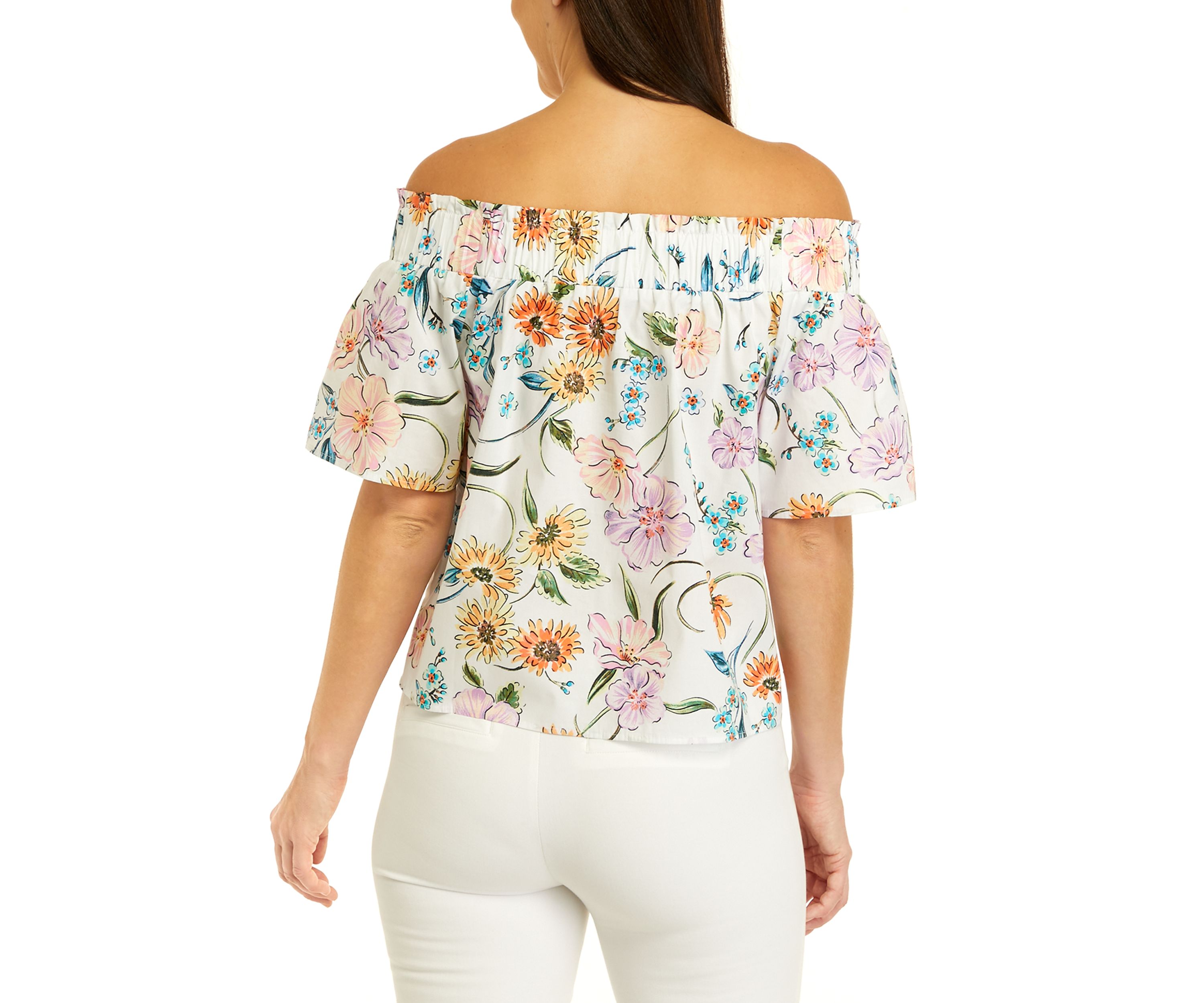 Womens Short Puff Sleeve Floral Print Top
