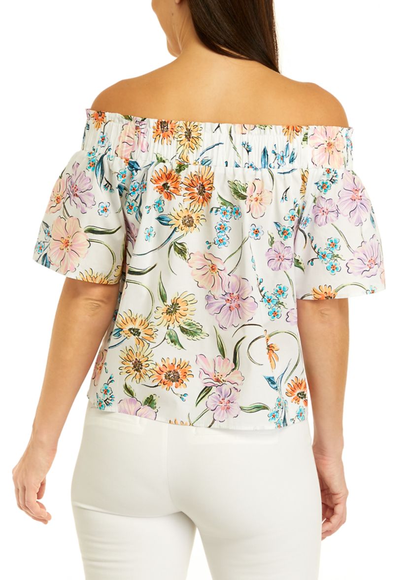 Womens Short Puff Sleeve Floral Print Top