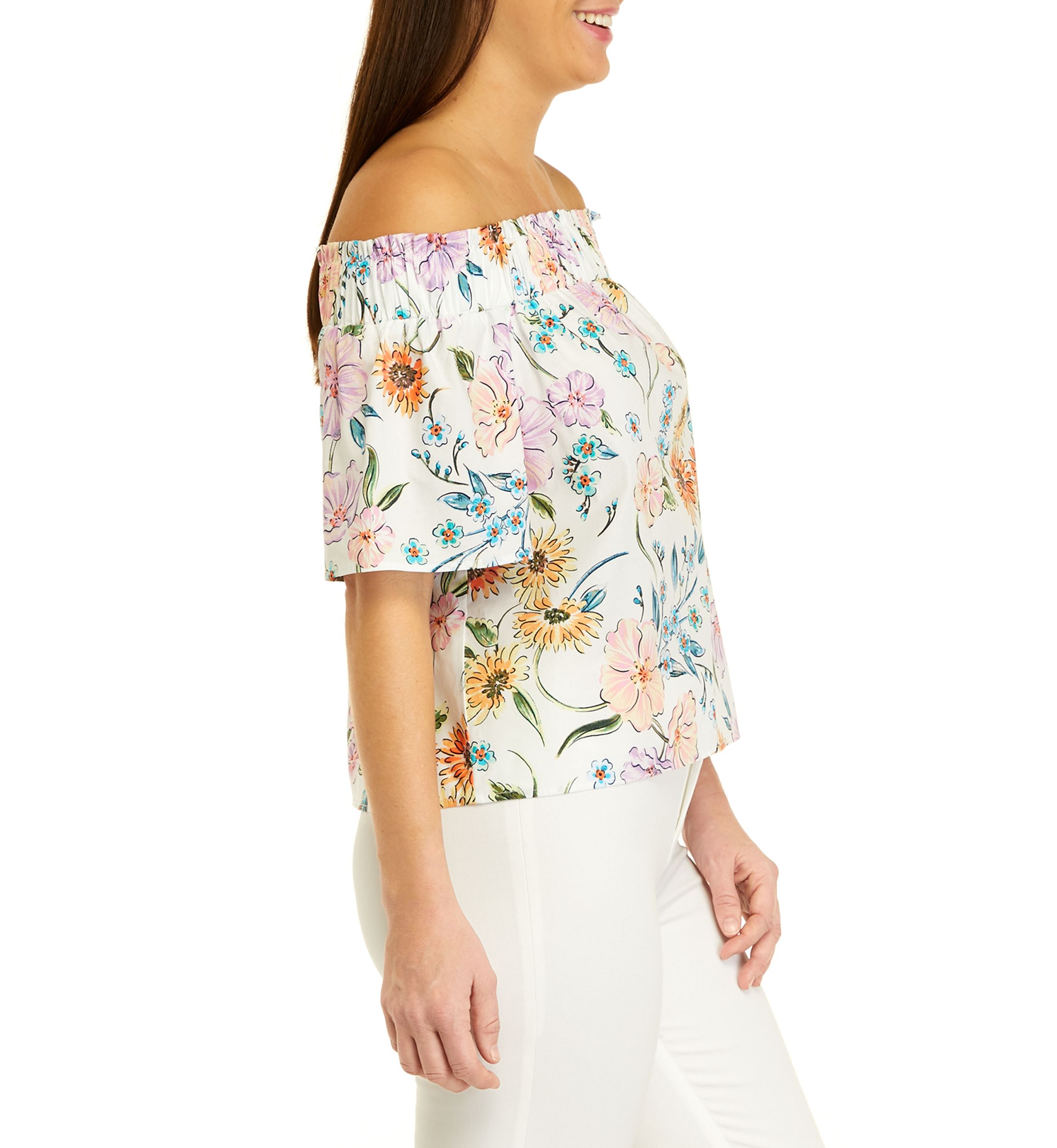 Womens Short Puff Sleeve Floral Print Top