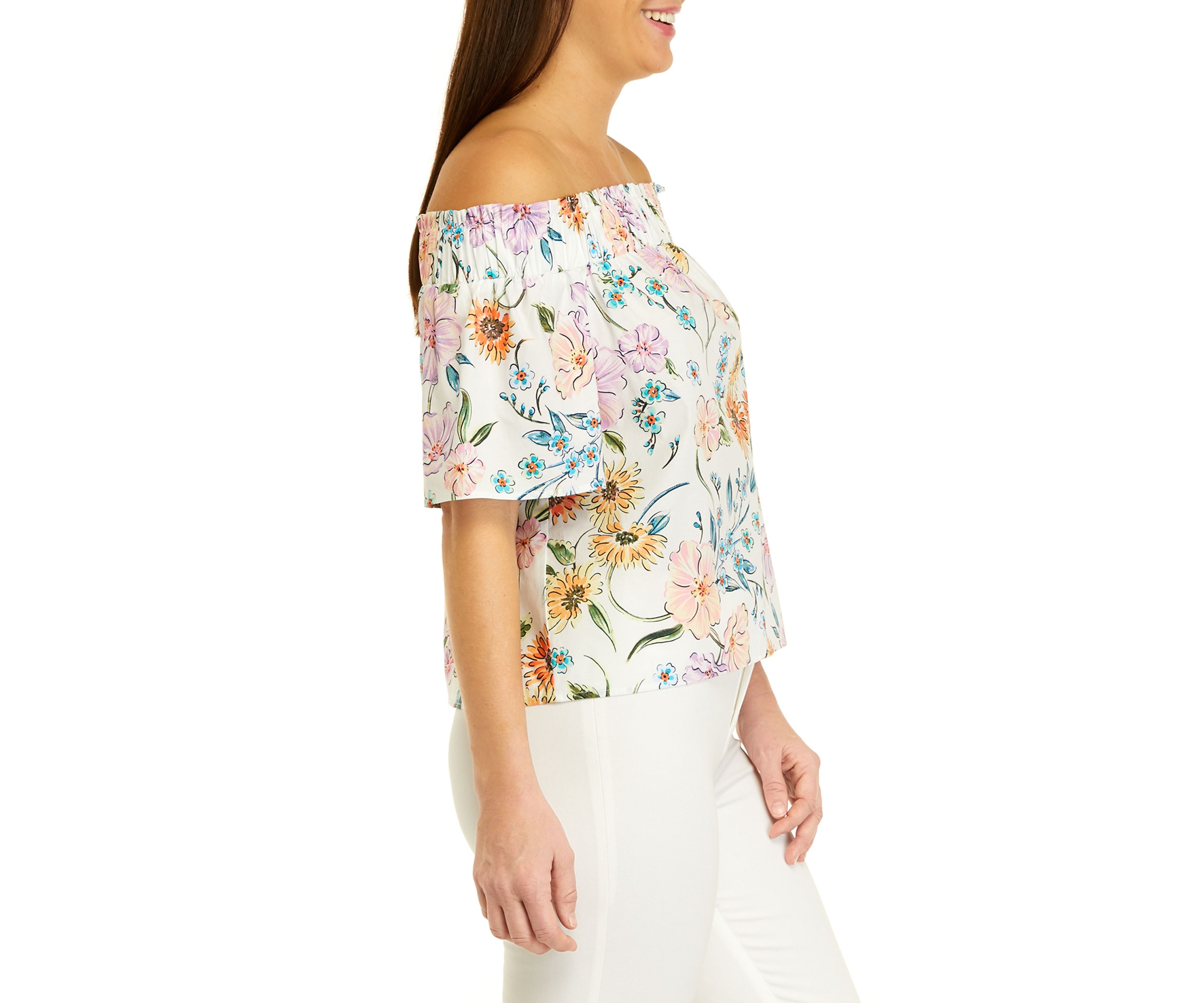 Womens Short Puff Sleeve Floral Print Top