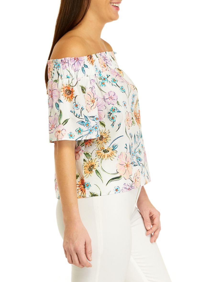 Womens Short Puff Sleeve Floral Print Top
