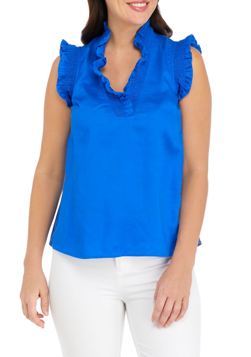 Womens Smocked Ruffle Neck Top