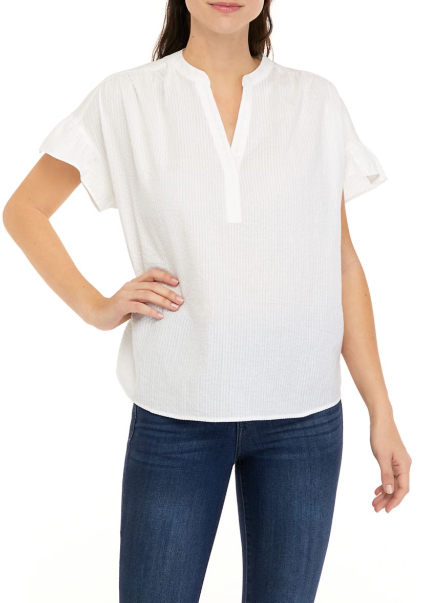 Womens Flutter Sleeve Split Neck Top