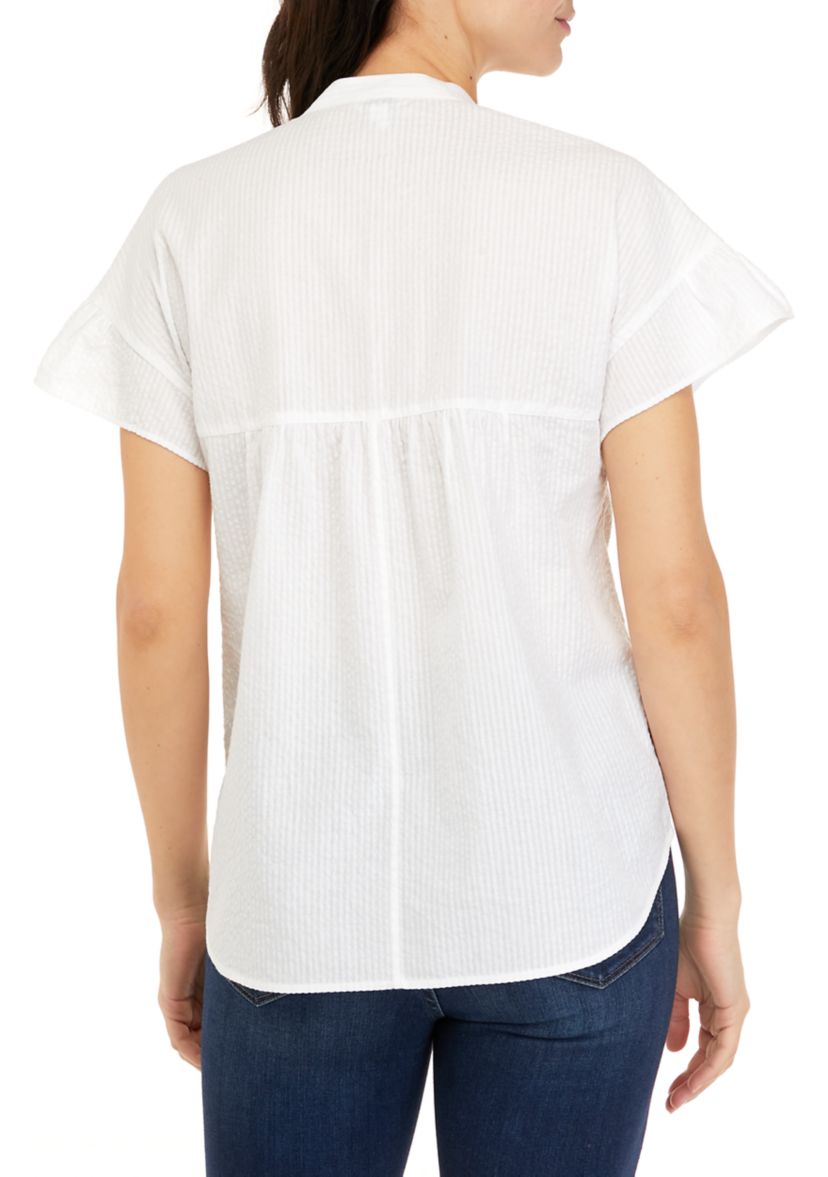 Womens Flutter Sleeve Split Neck Top