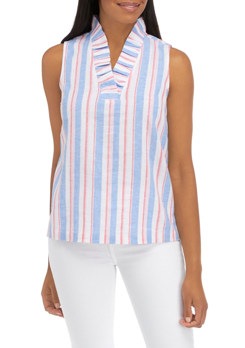 Womens Ruffle Neck Striped Top 
