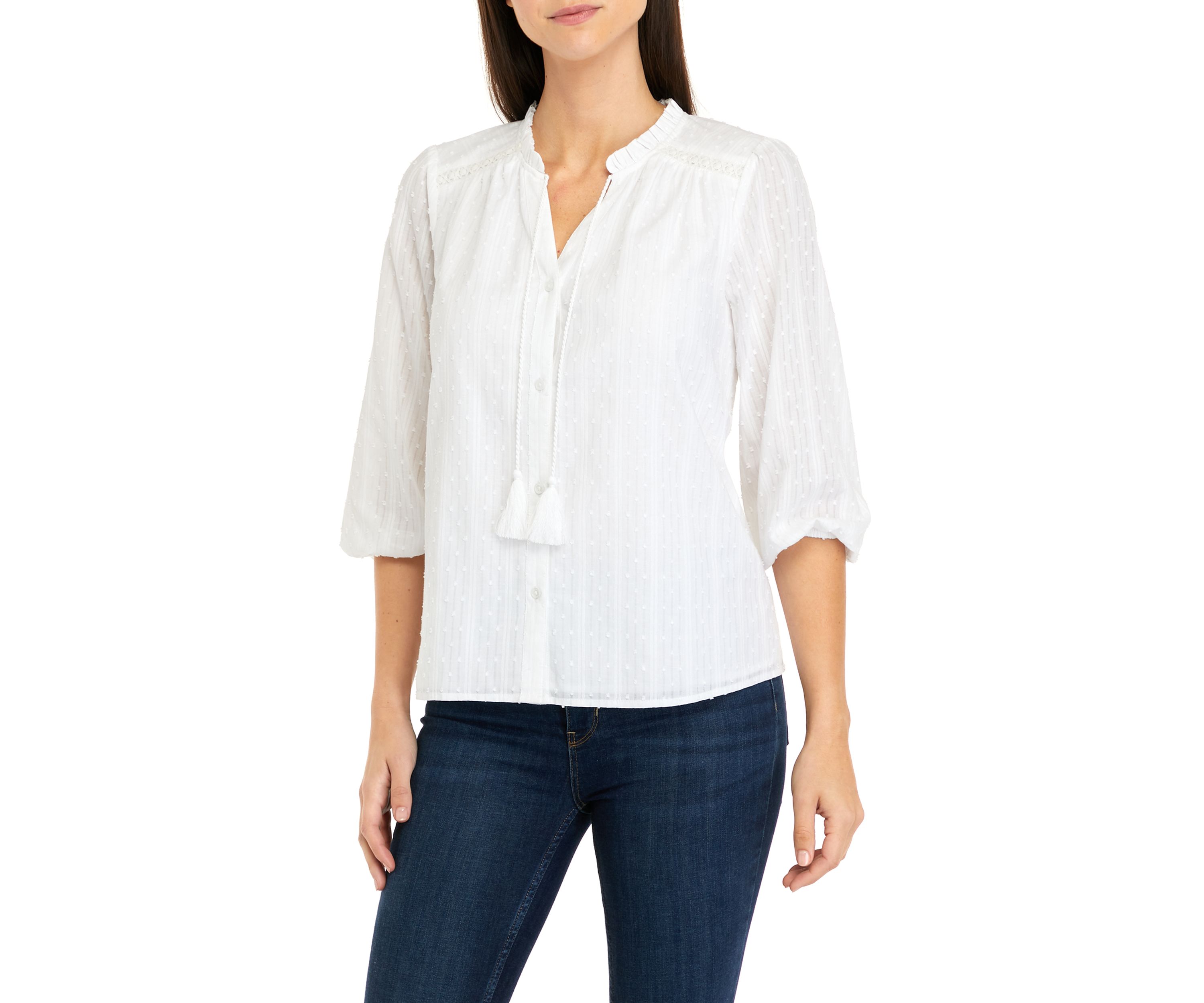 Womens 3/4 Sleeve Ruffle Peasant Top