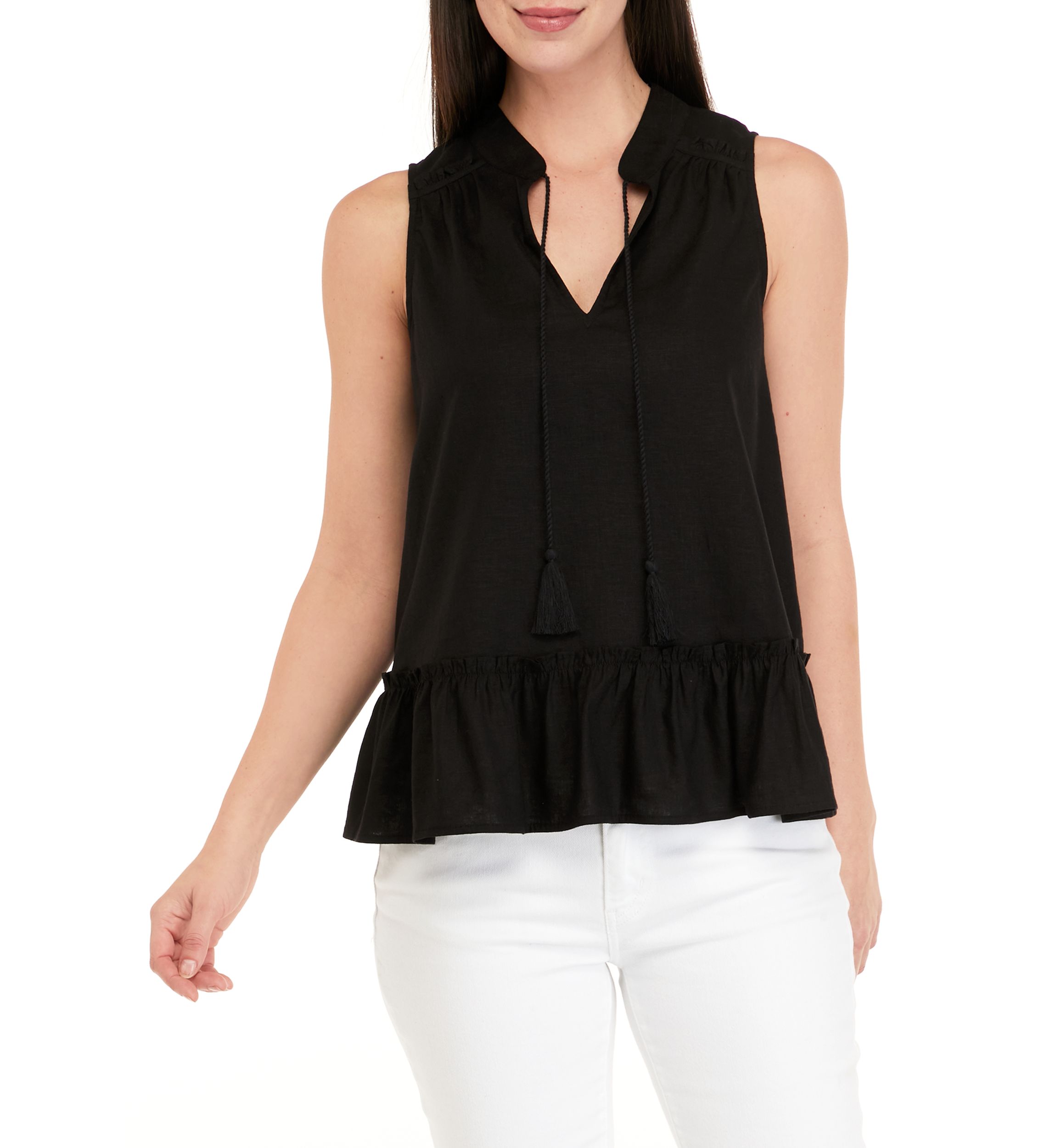 Womens Sleeveless Tassel Peasant Solid Top