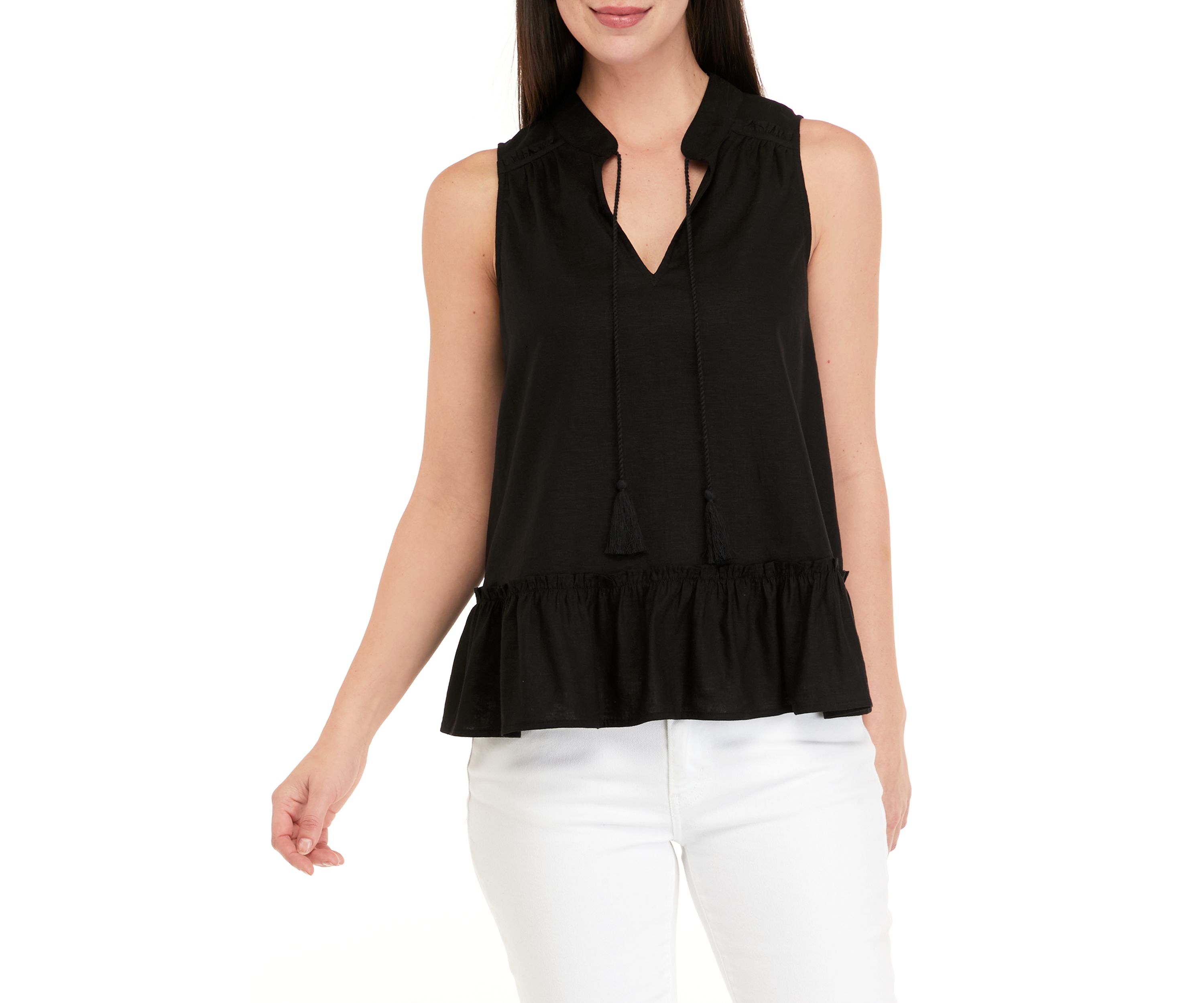 Womens Sleeveless Tassel Peasant Solid Top