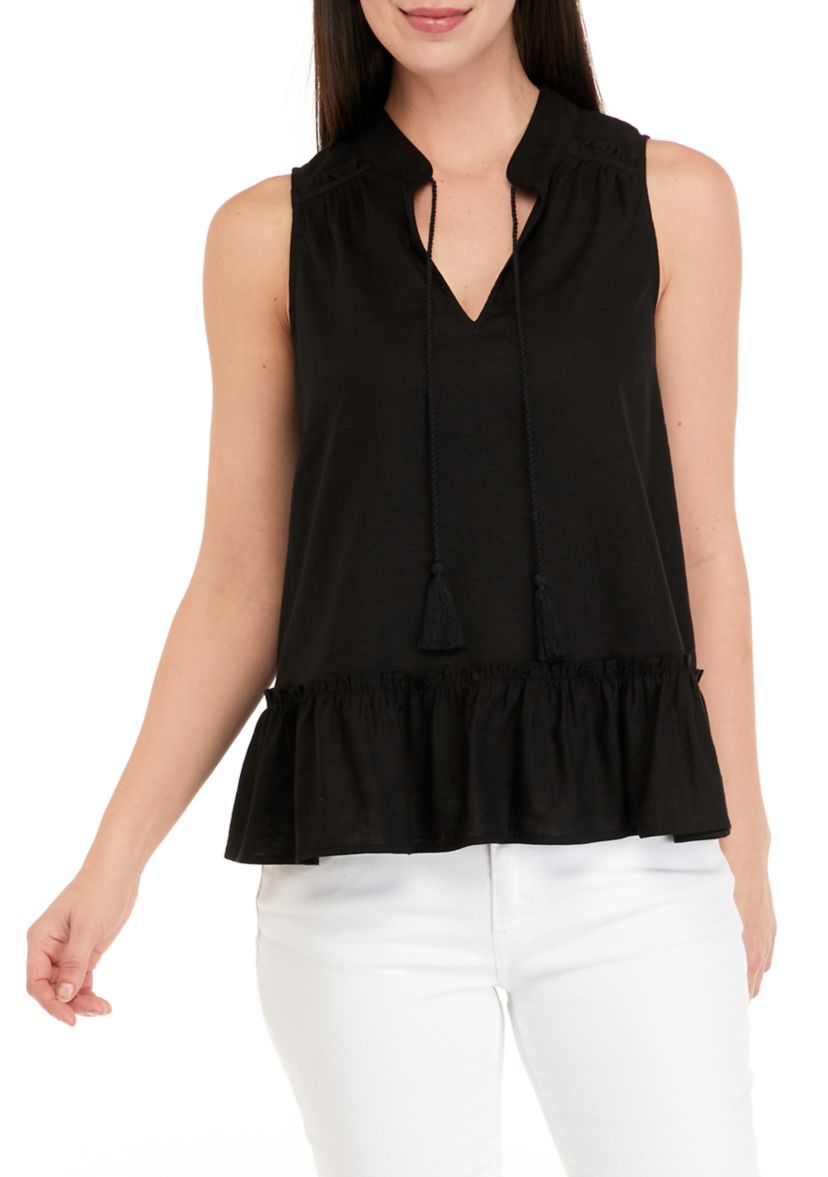 Womens Sleeveless Tassel Peasant Solid Top