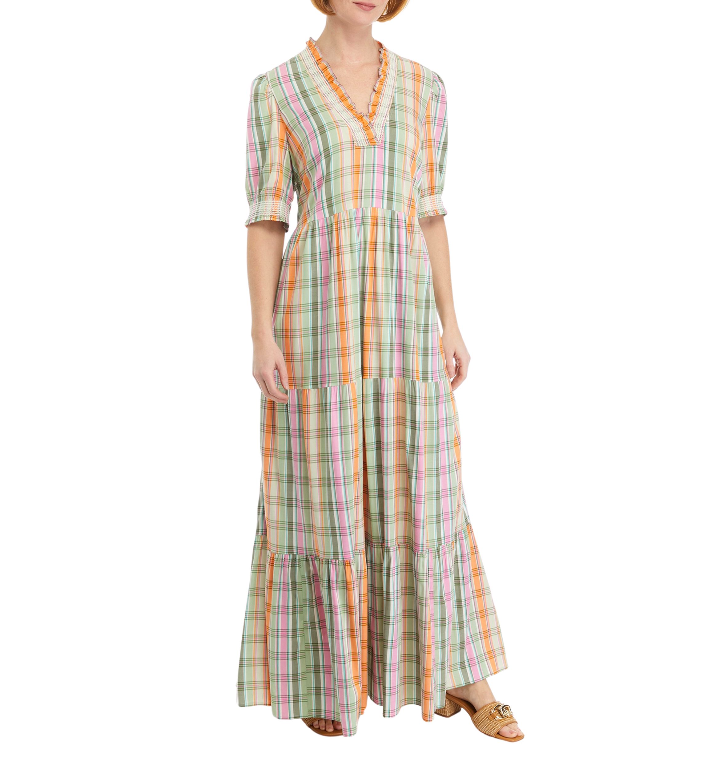 Womens Smocked Printed Ruffle Neck Dress