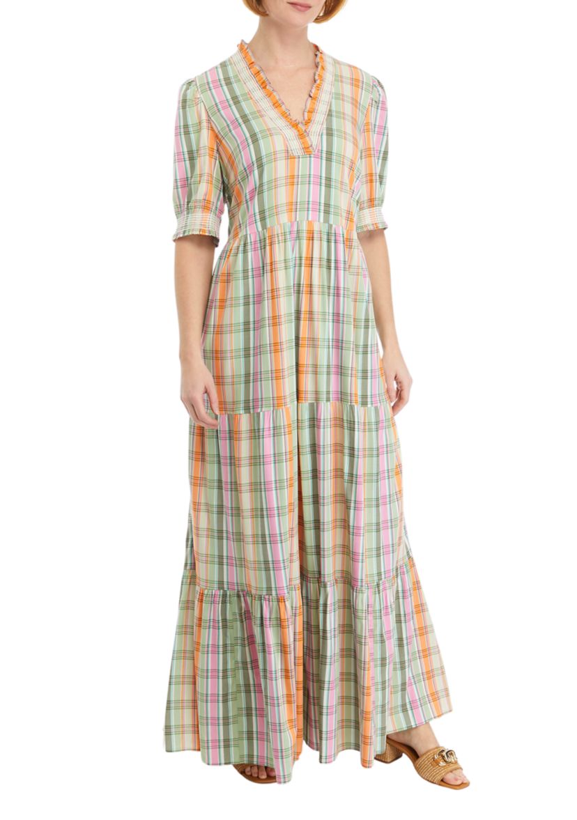 Womens Smocked Printed Ruffle Neck Dress