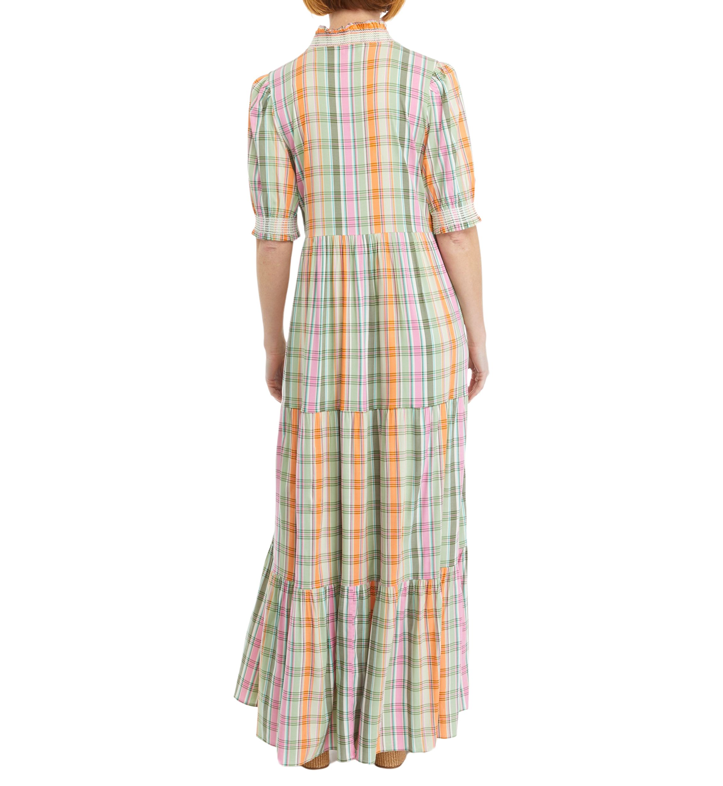 Womens Smocked Printed Ruffle Neck Dress
