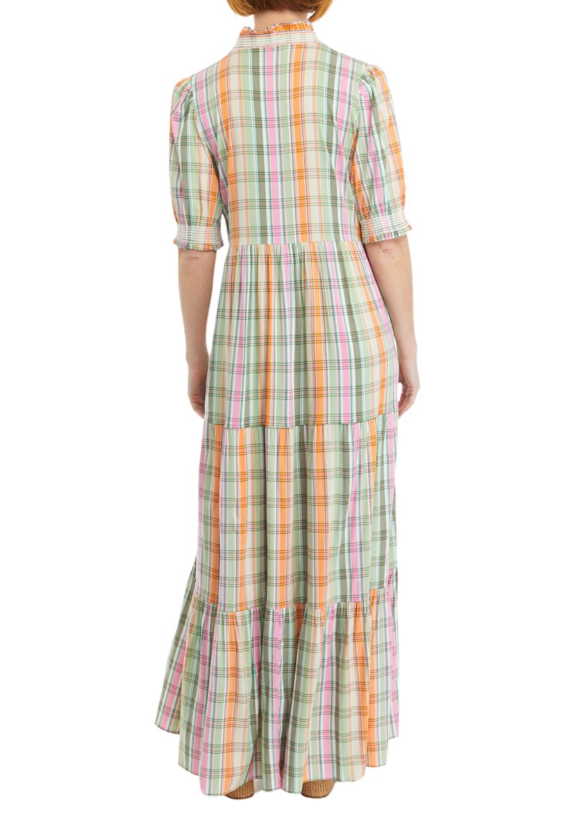 Womens Smocked Printed Ruffle Neck Dress