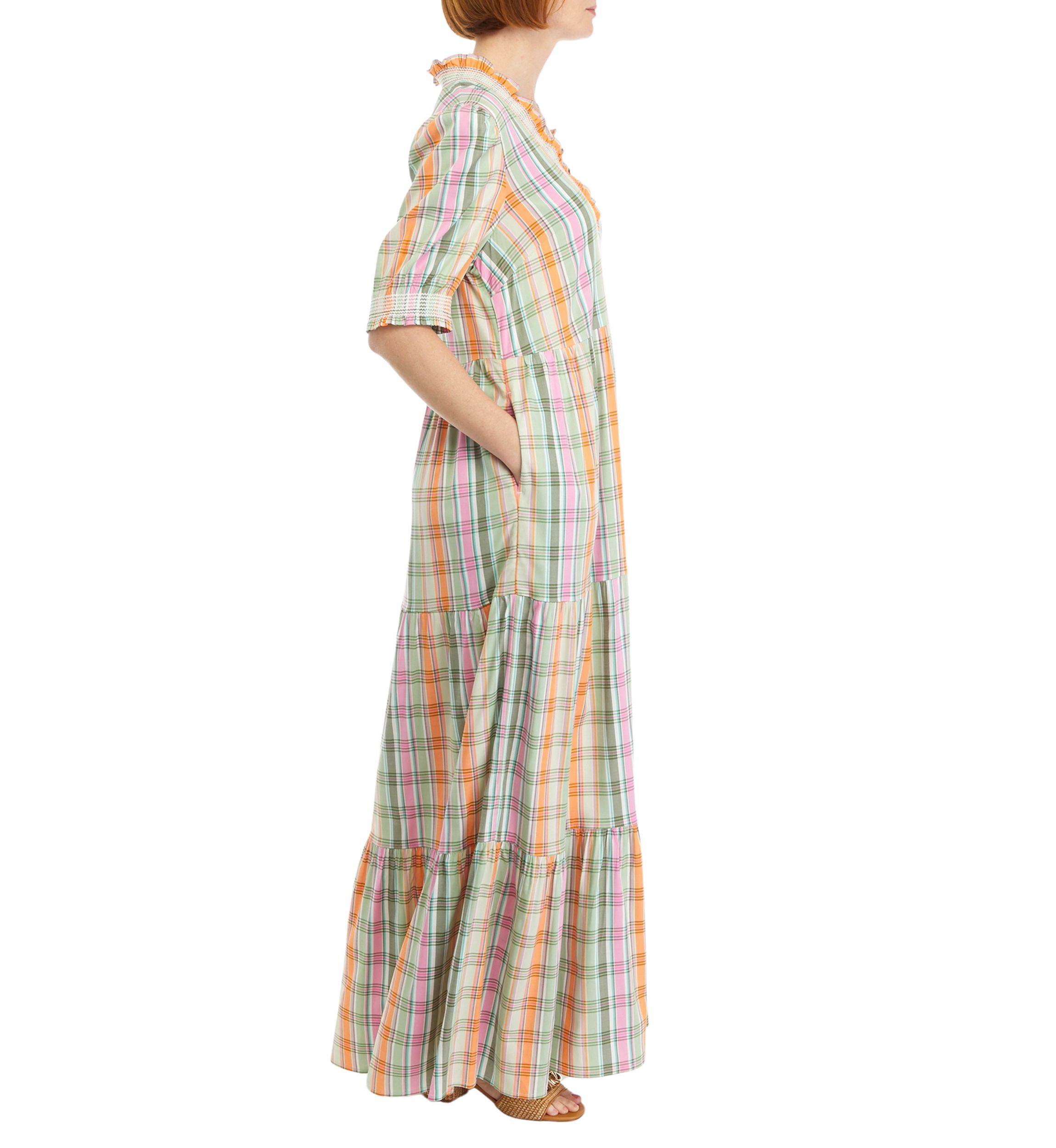 Womens Smocked Printed Ruffle Neck Dress