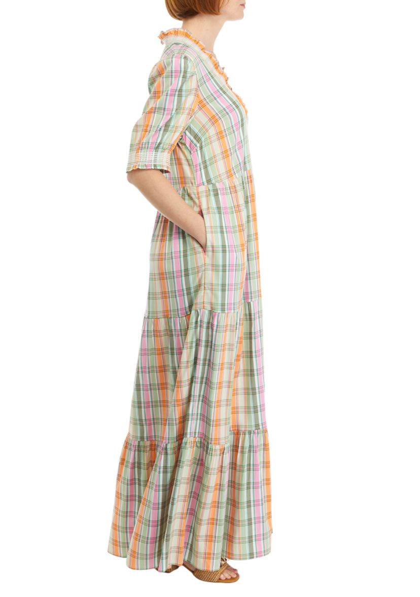 Womens Smocked Printed Ruffle Neck Dress