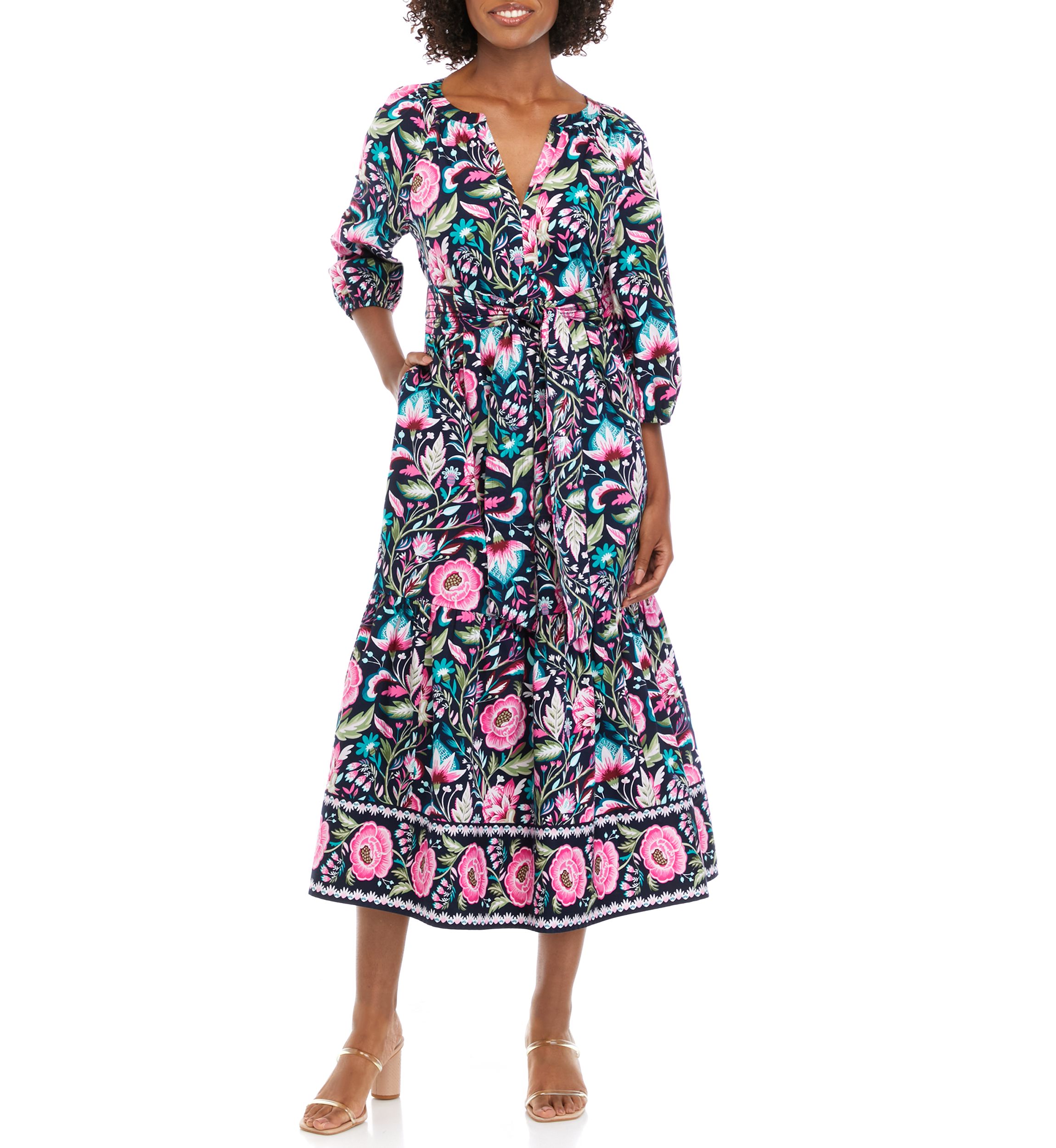 Womens 3/4 Sleeve Printed Peasant Dress