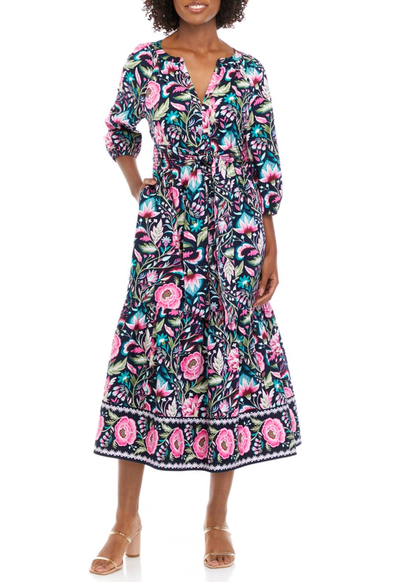 Womens 3/4 Sleeve Printed Peasant Dress