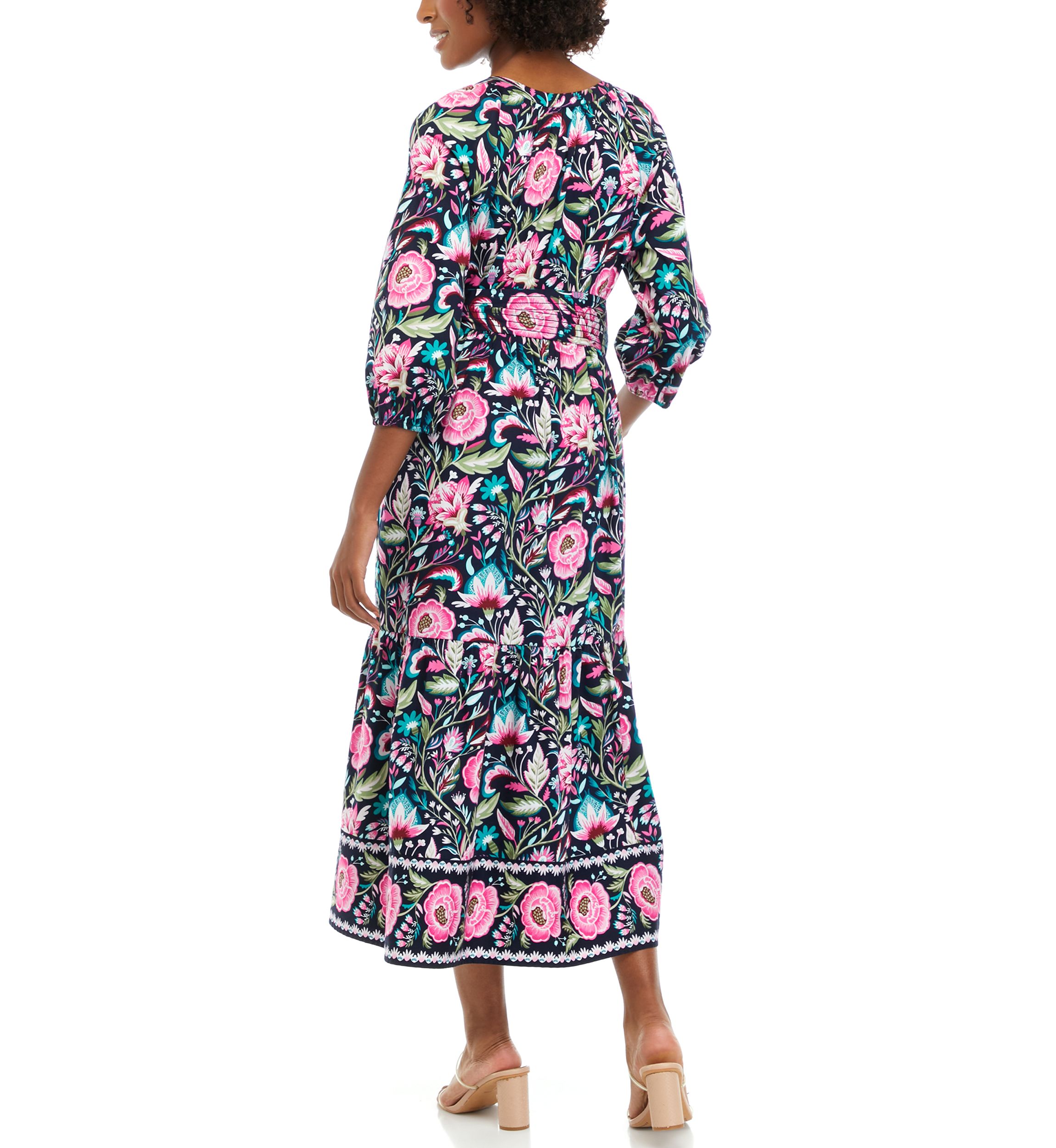 Womens 3/4 Sleeve Printed Peasant Dress