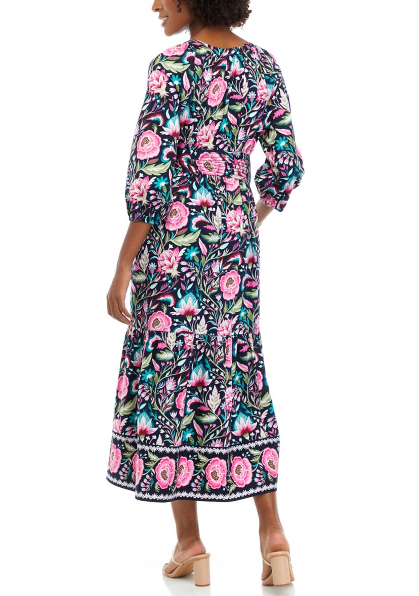 Womens 3/4 Sleeve Printed Peasant Dress