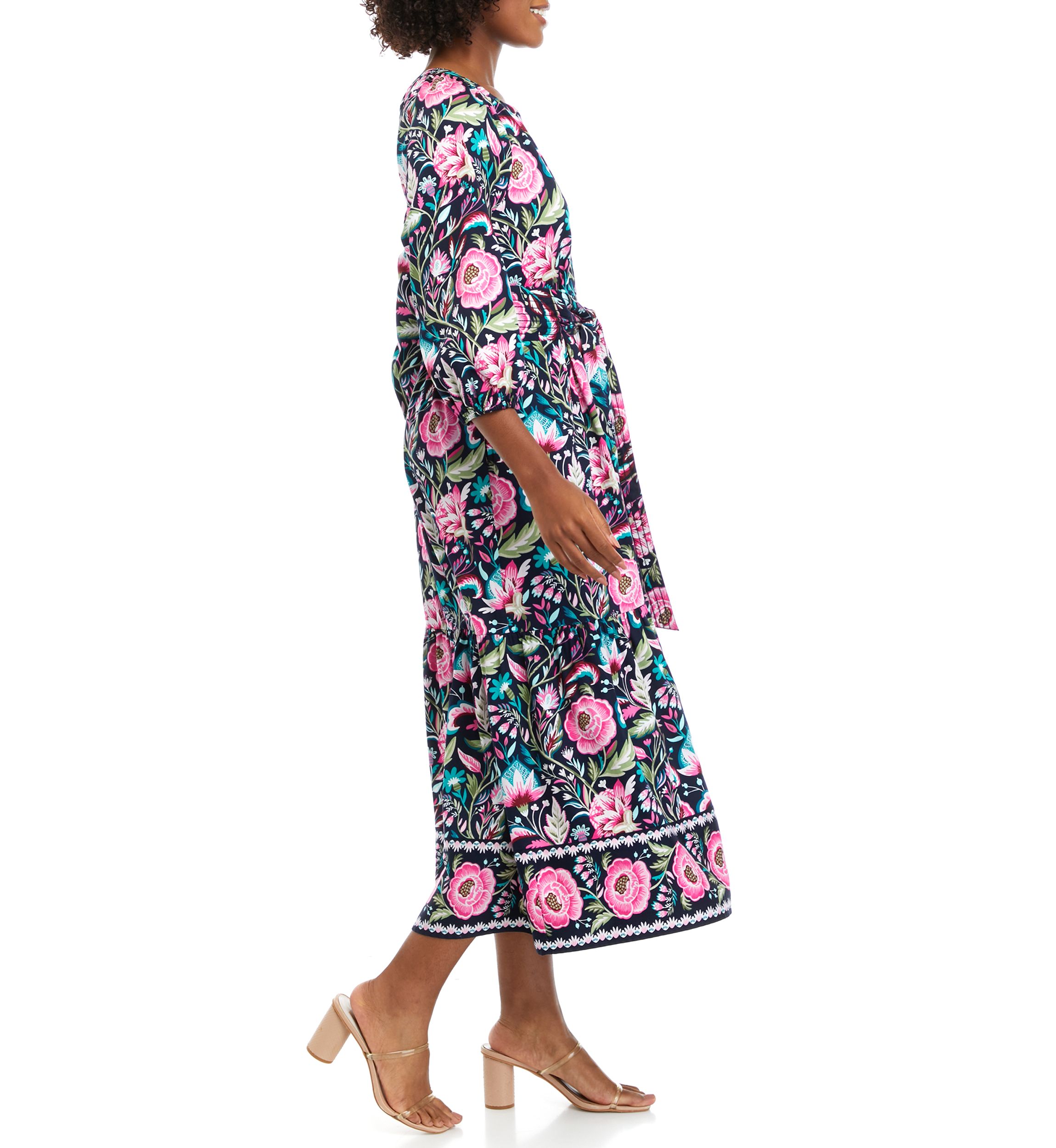 Womens 3/4 Sleeve Printed Peasant Dress