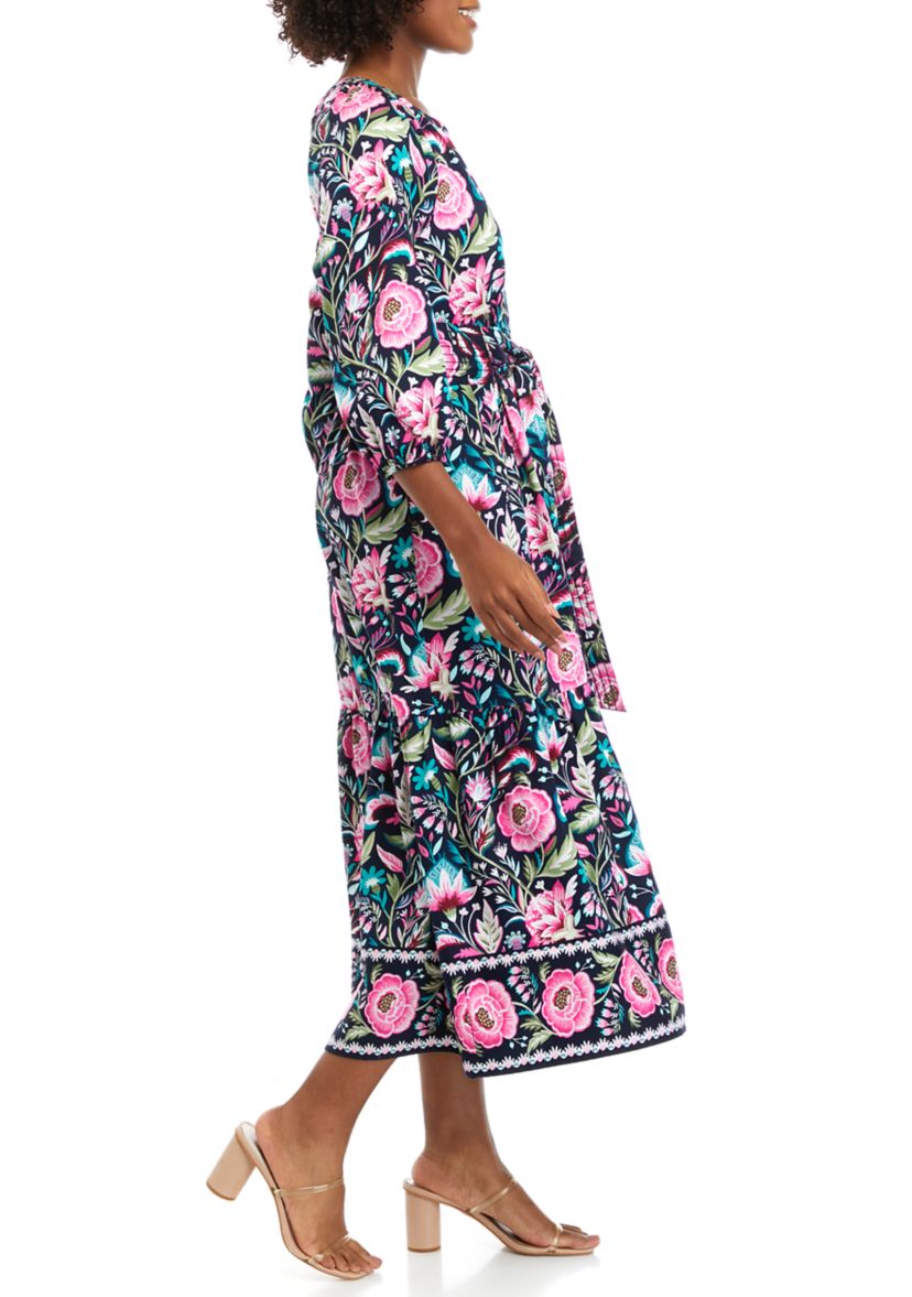 Womens 3/4 Sleeve Printed Peasant Dress