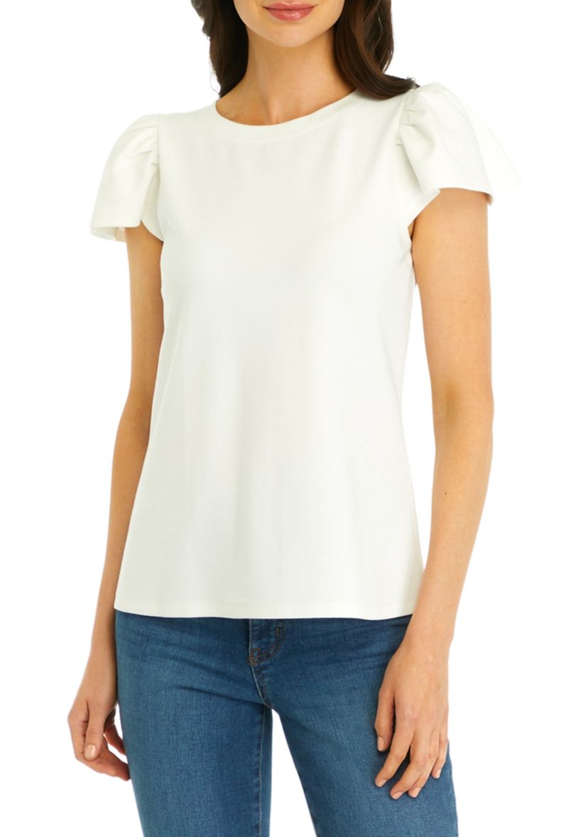 Womens Ribbed Knit Flutter Sleeve Top