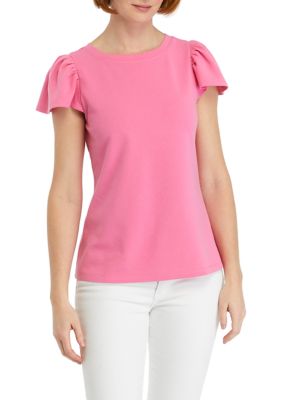 Crown & Ivy Women's Ribbed Knit Flutter Sleeve Top, Pink, XXL