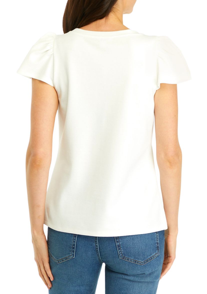 Womens Ribbed Knit Flutter Sleeve Top