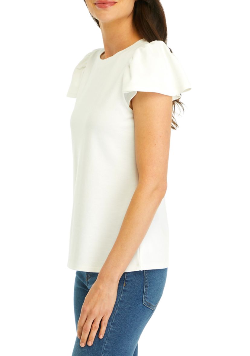Womens Ribbed Knit Flutter Sleeve Top