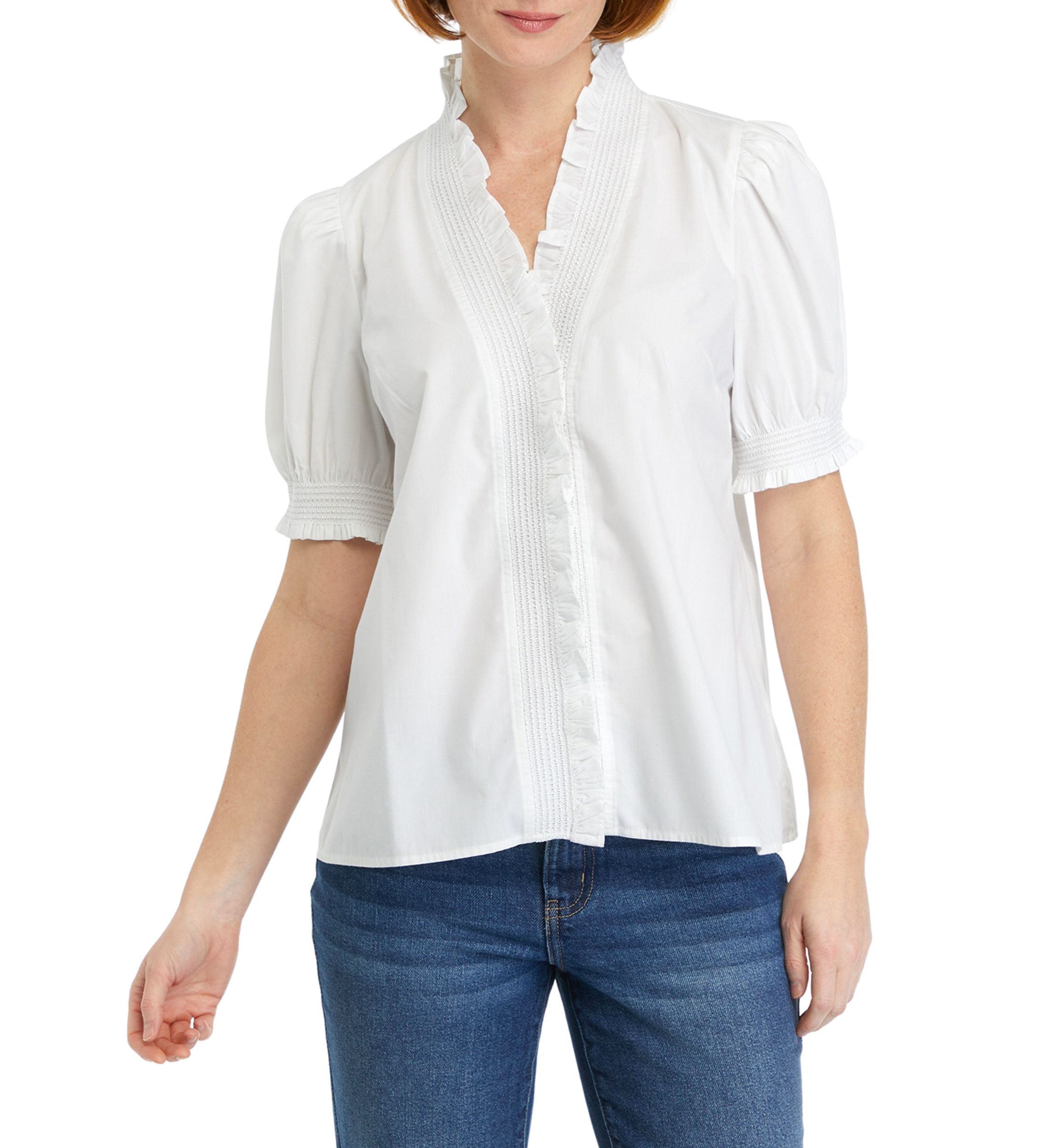 Womens Smocked Ruffle Neck Blouse