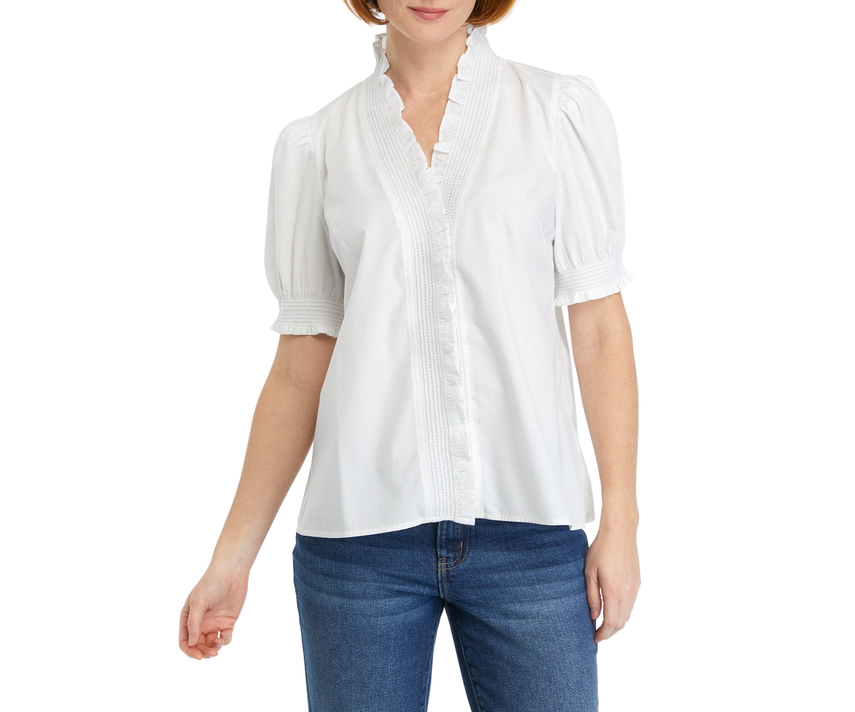 Womens Smocked Ruffle Neck Blouse