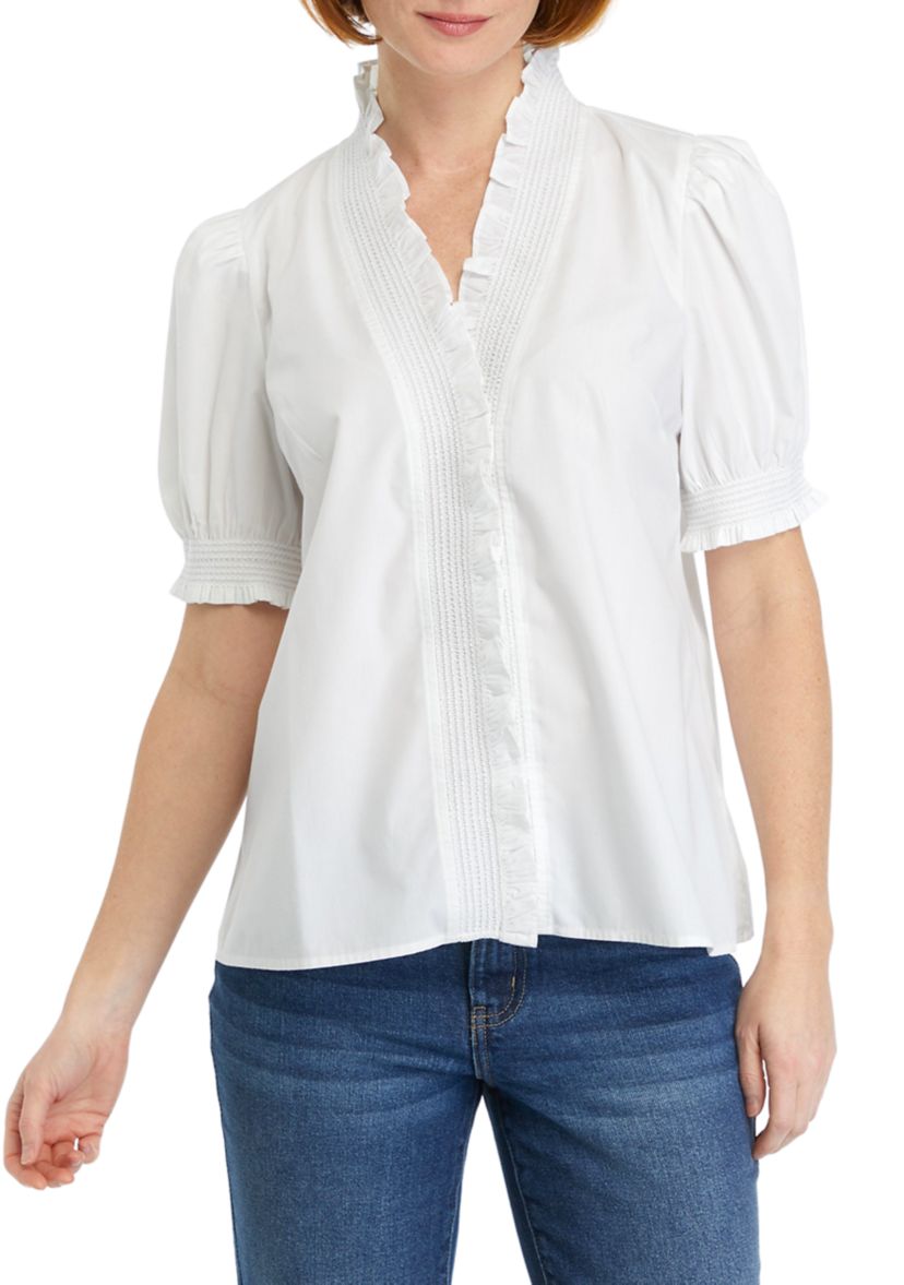 Womens Smocked Ruffle Neck Blouse