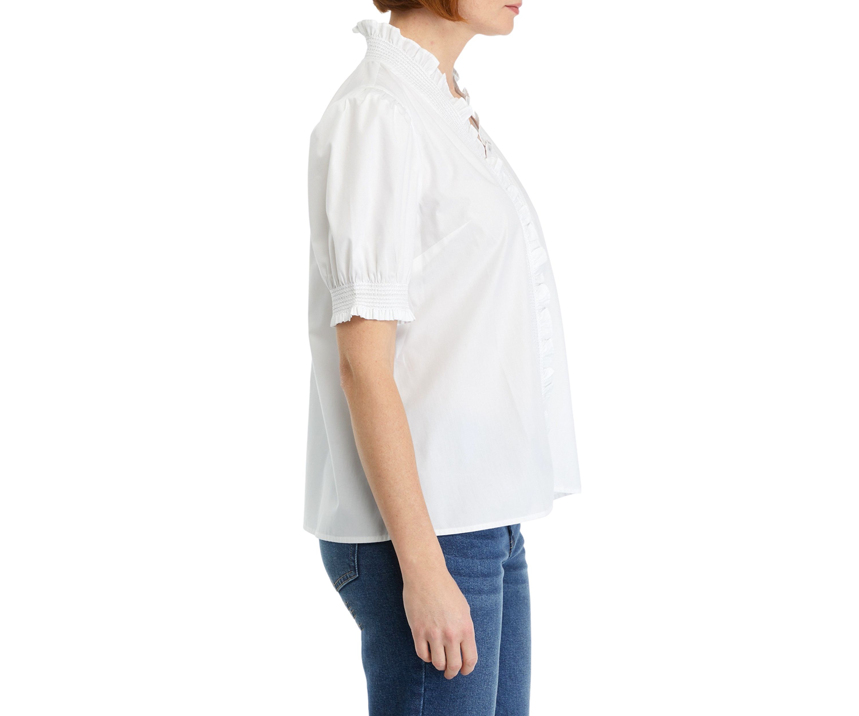 Womens Smocked Ruffle Neck Blouse