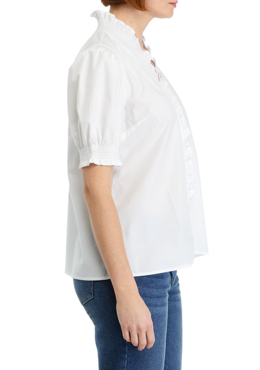 Womens Smocked Ruffle Neck Blouse