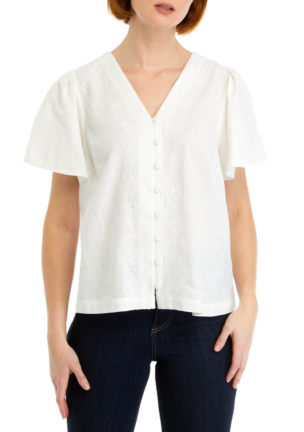Womens Embroidered Button Front Top