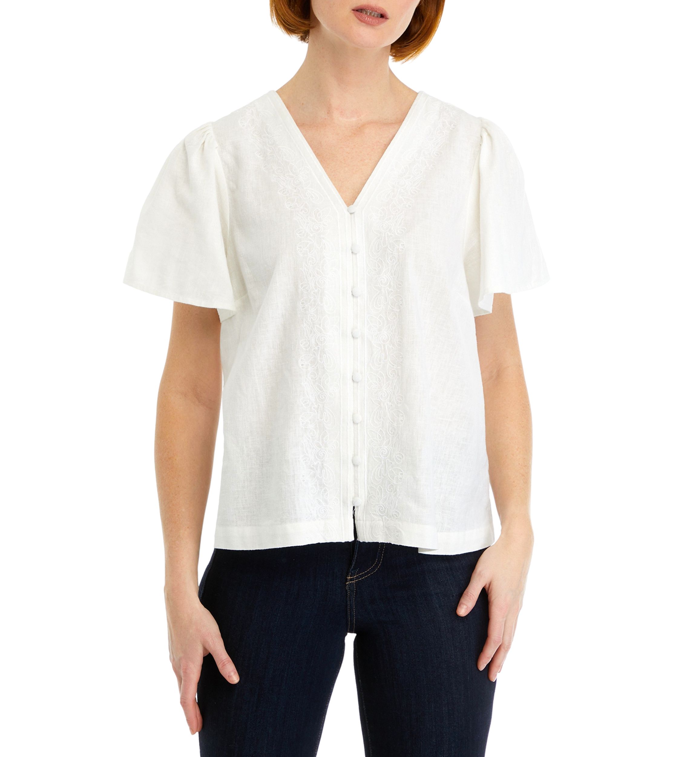 Womens Embroidered Button Front Top