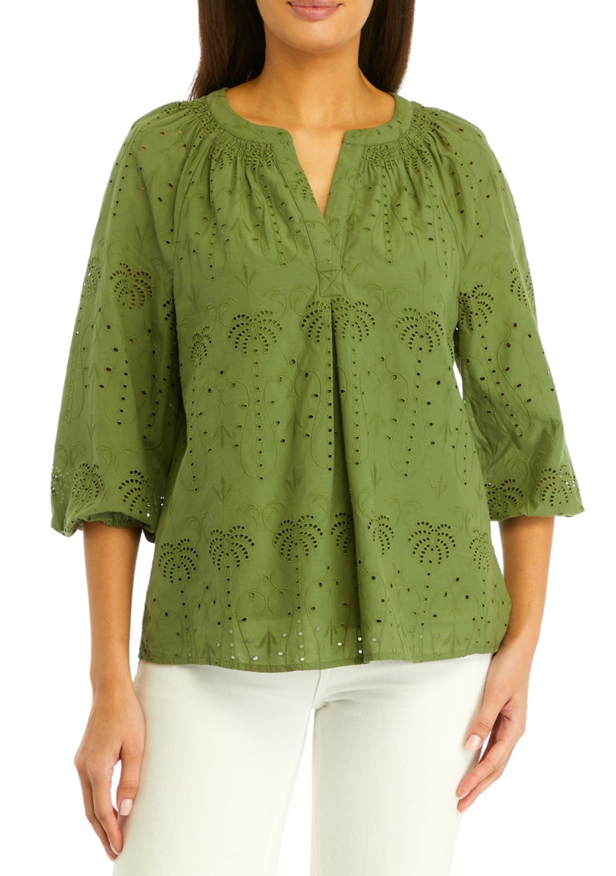 Womens Solid Eyelet Peasant Top