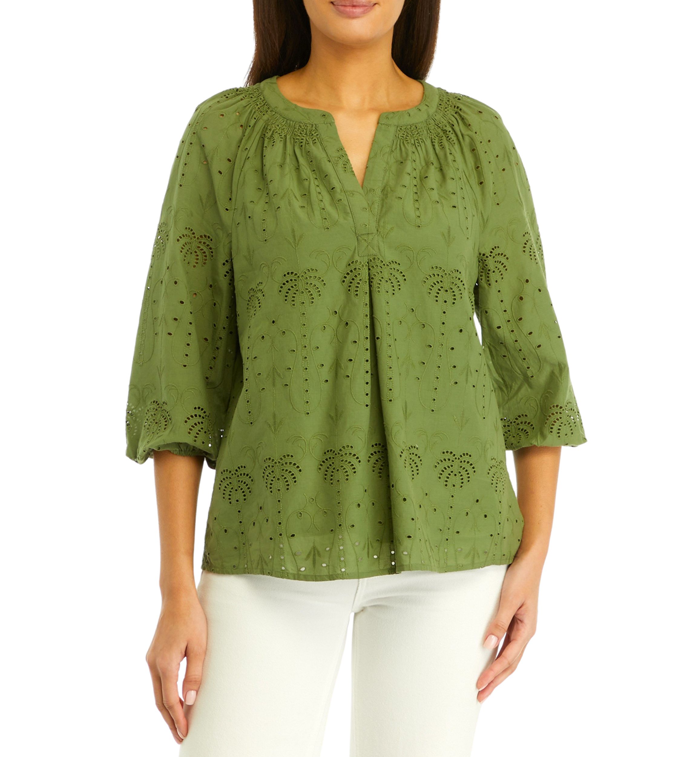 Womens Solid Eyelet Peasant Top