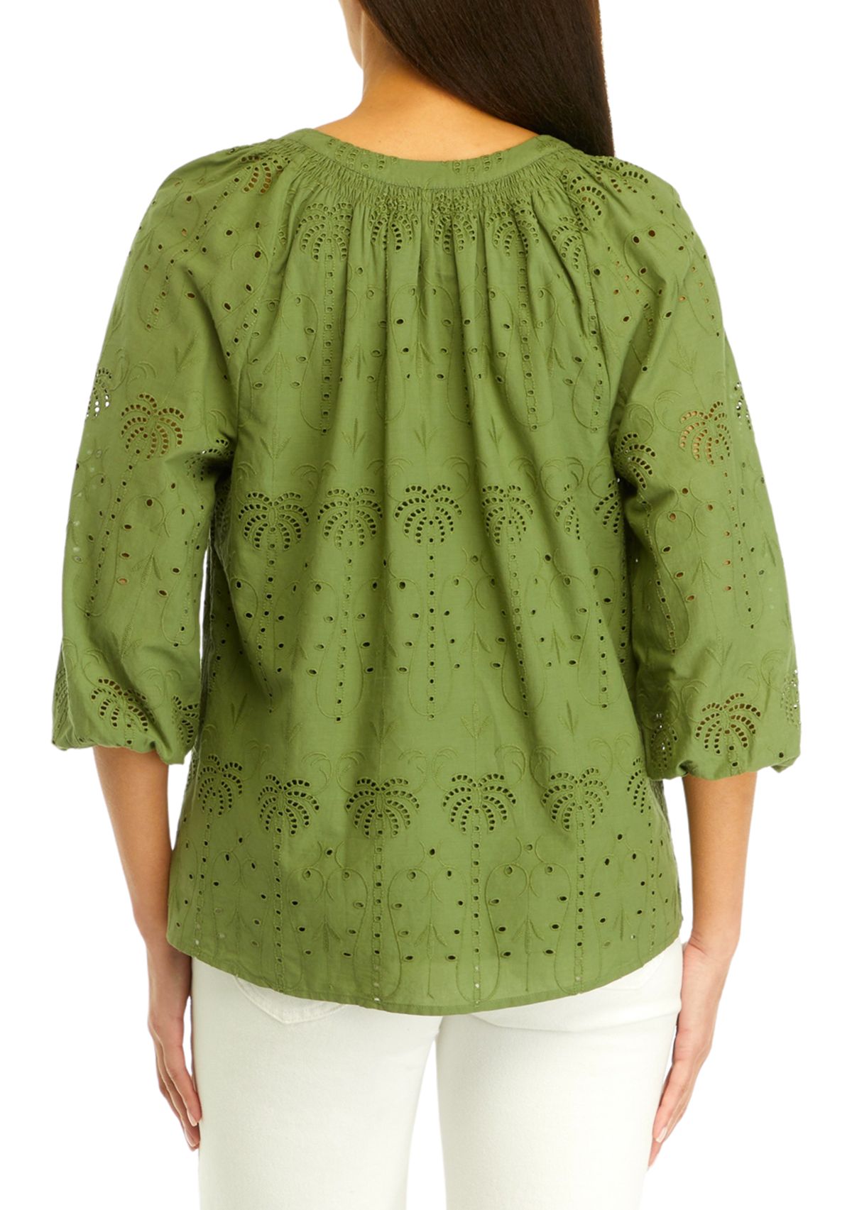 Womens Solid Eyelet Peasant Top