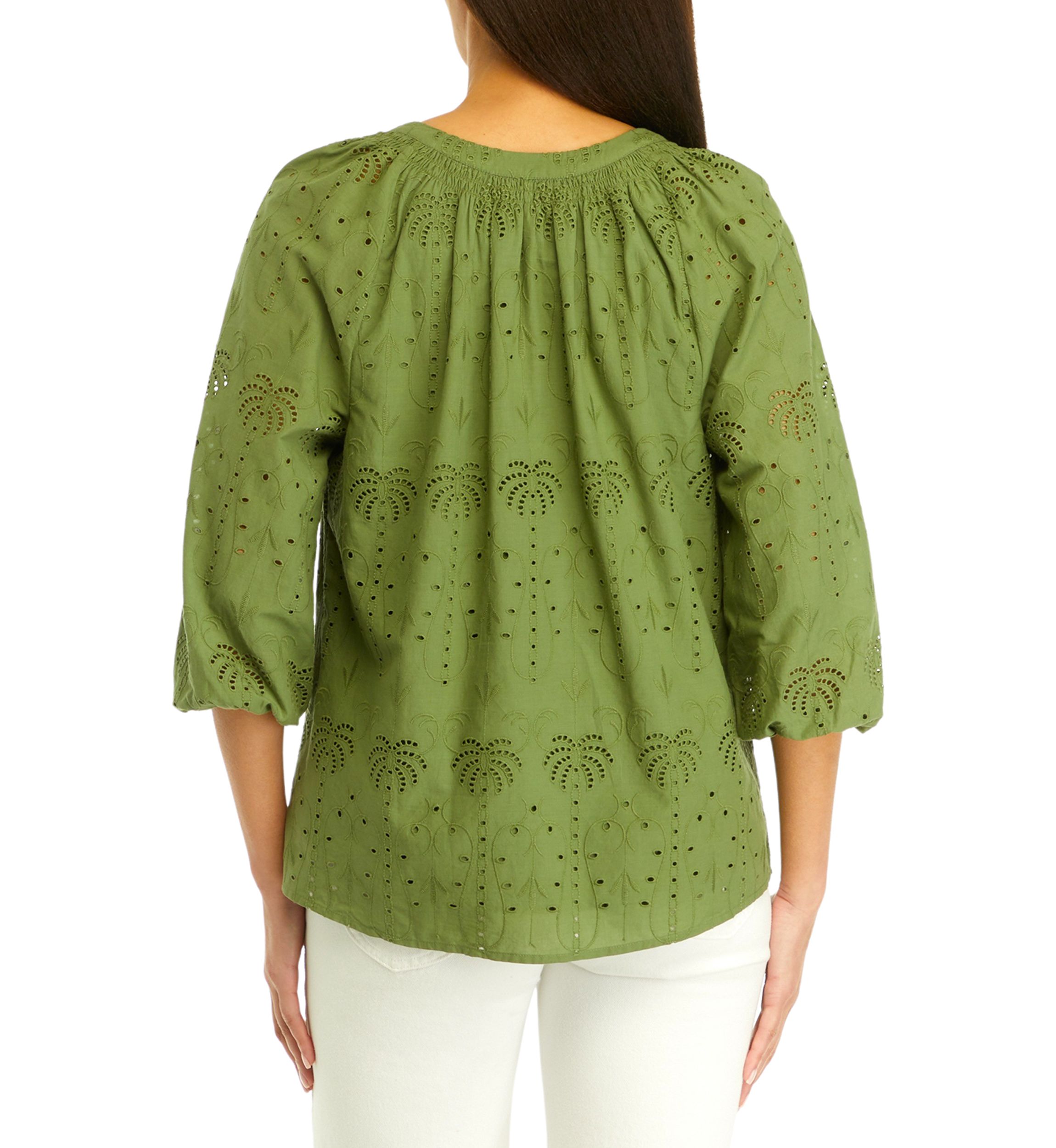 Womens Solid Eyelet Peasant Top