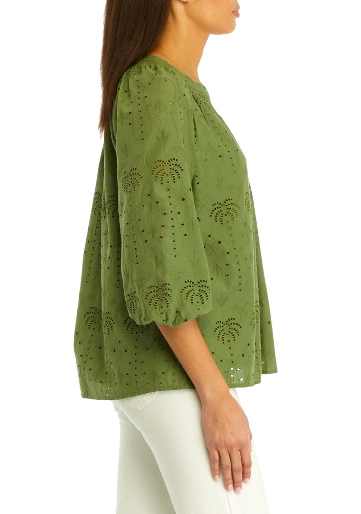 Womens Solid Eyelet Peasant Top