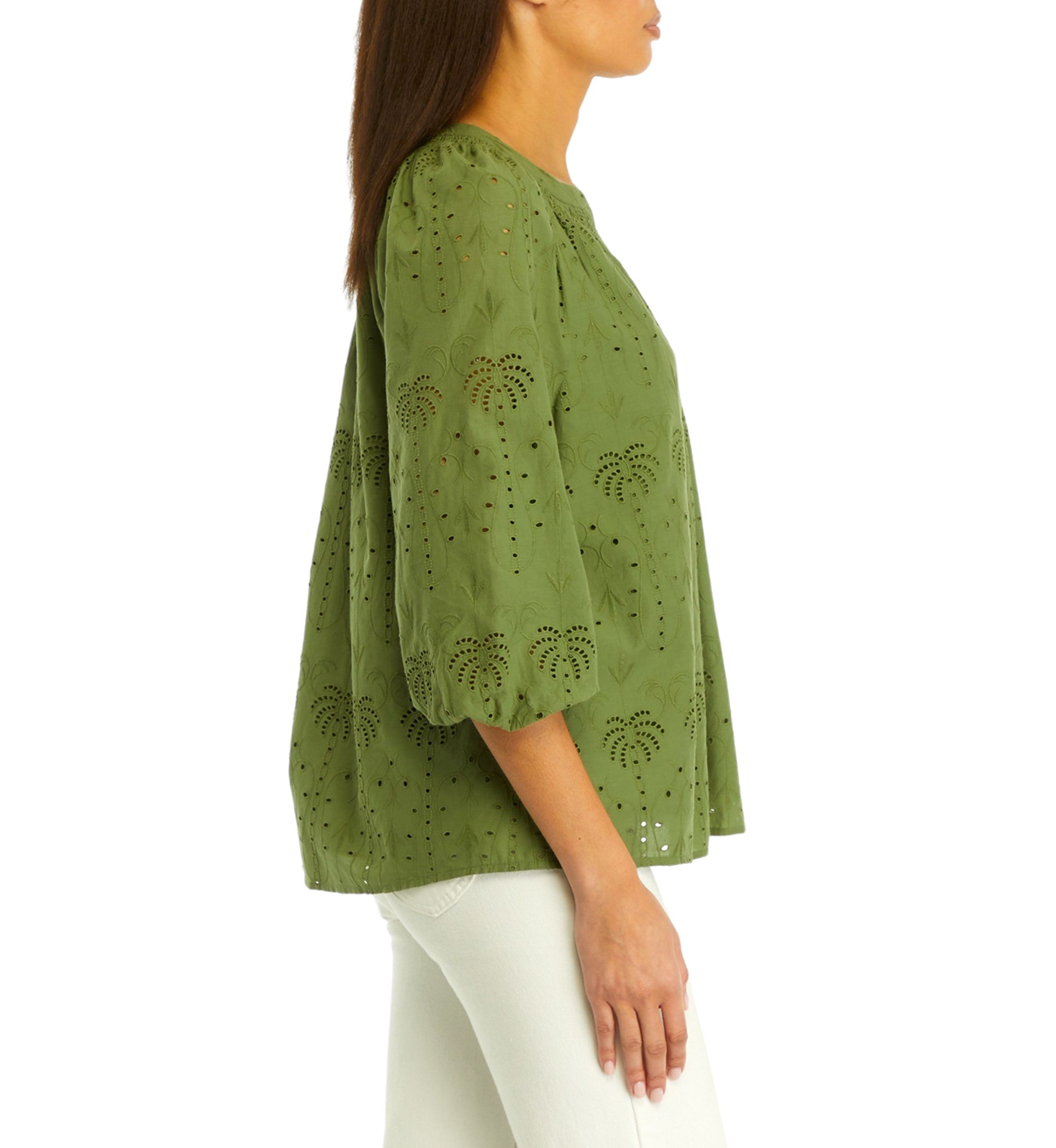 Womens Solid Eyelet Peasant Top