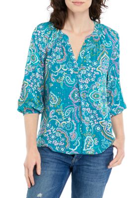 Crown & Ivy Women's Printed Split Neck Peasant Top