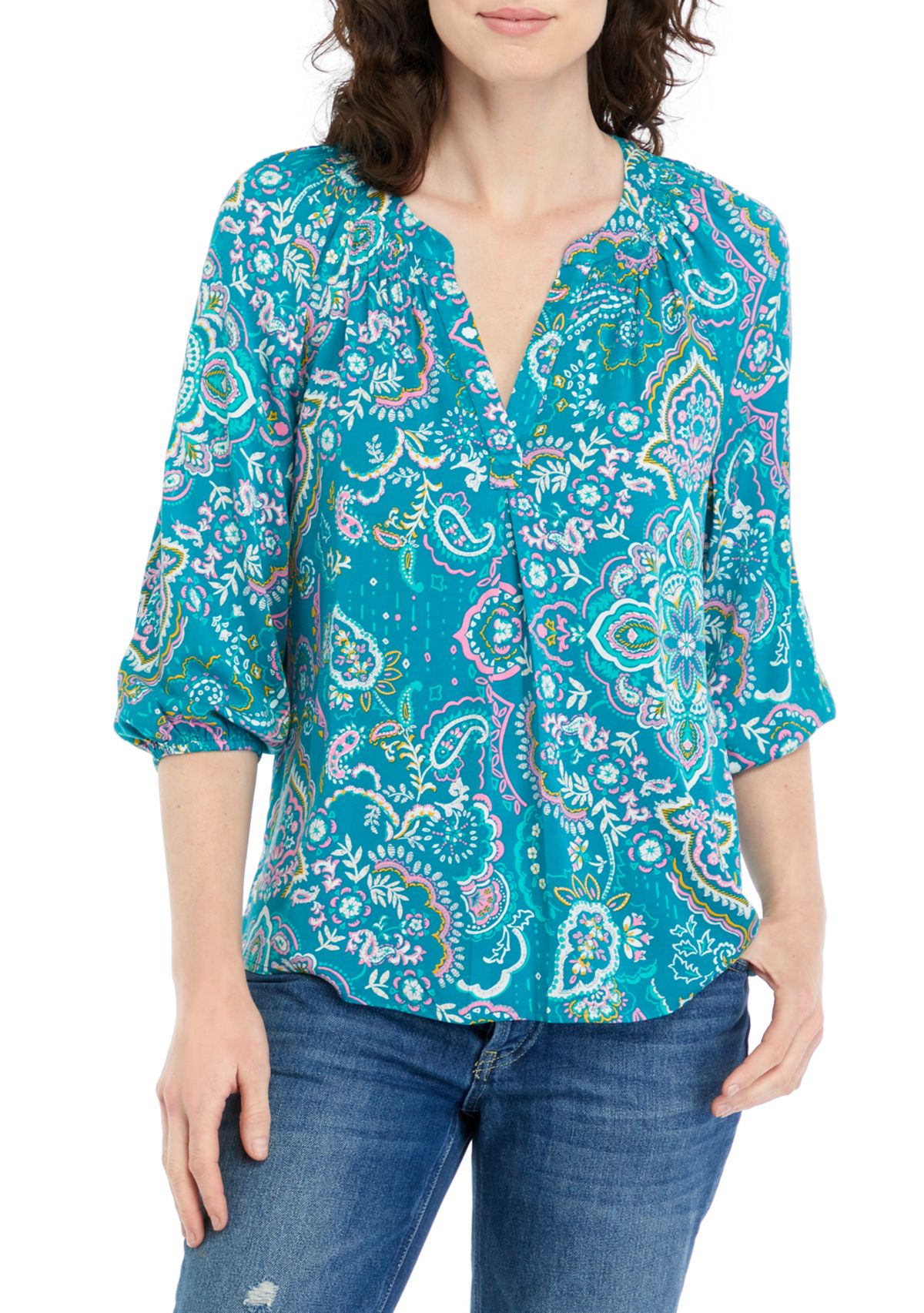 Womens Printed Split Neck Peasant Top