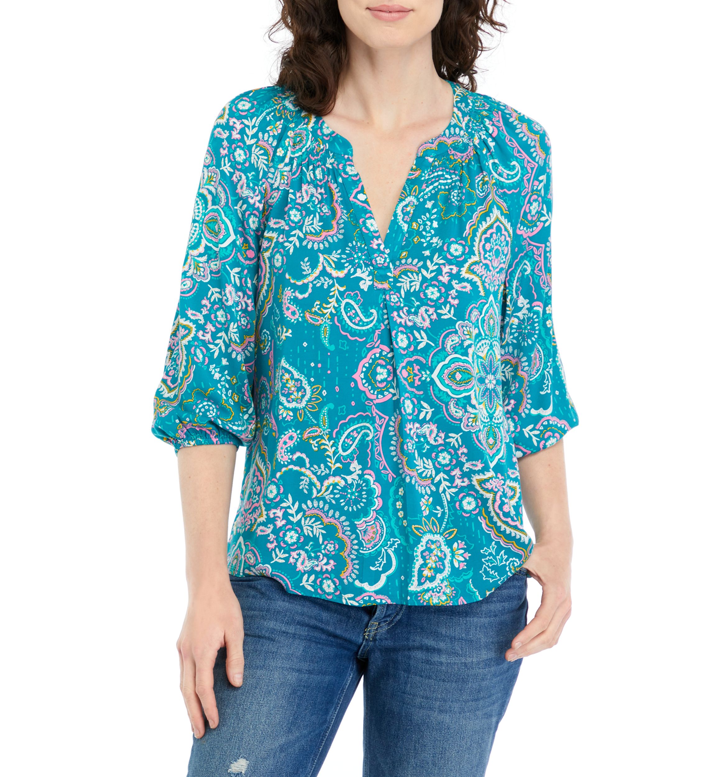 Womens Printed Split Neck Peasant Top