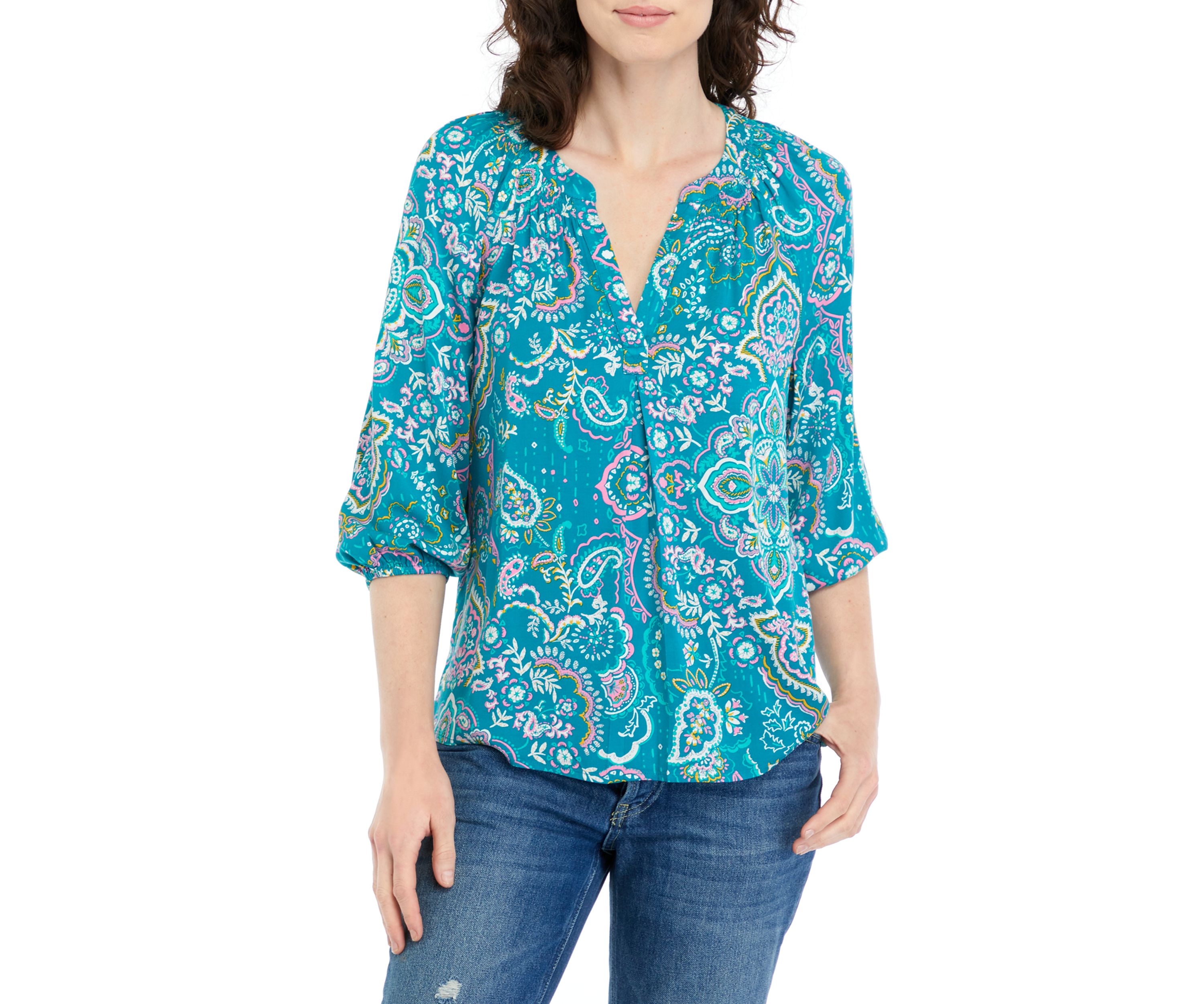 Womens Printed Split Neck Peasant Top