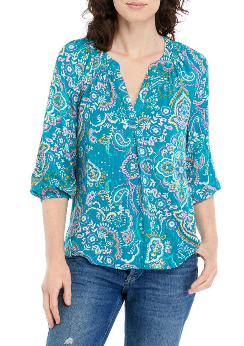 Womens Printed Split Neck Peasant Top