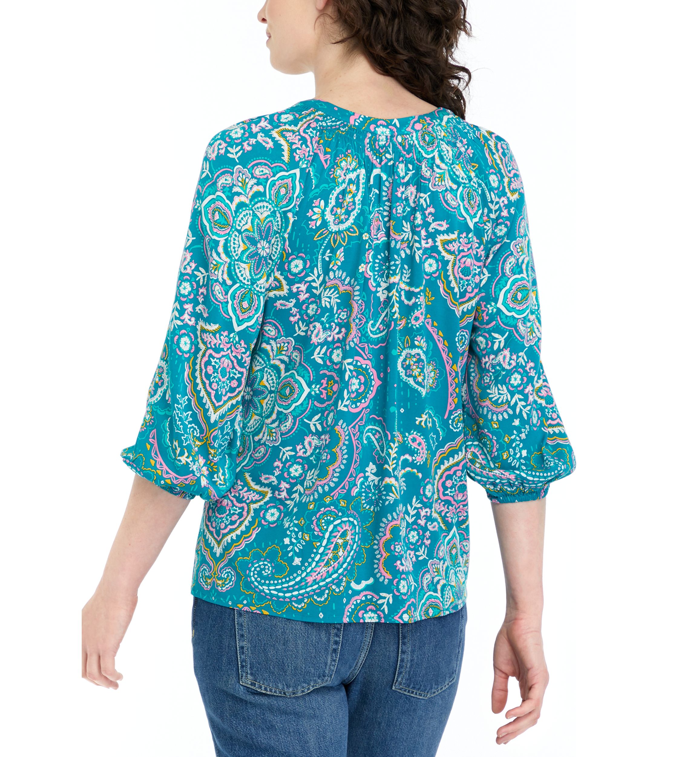 Womens Printed Split Neck Peasant Top
