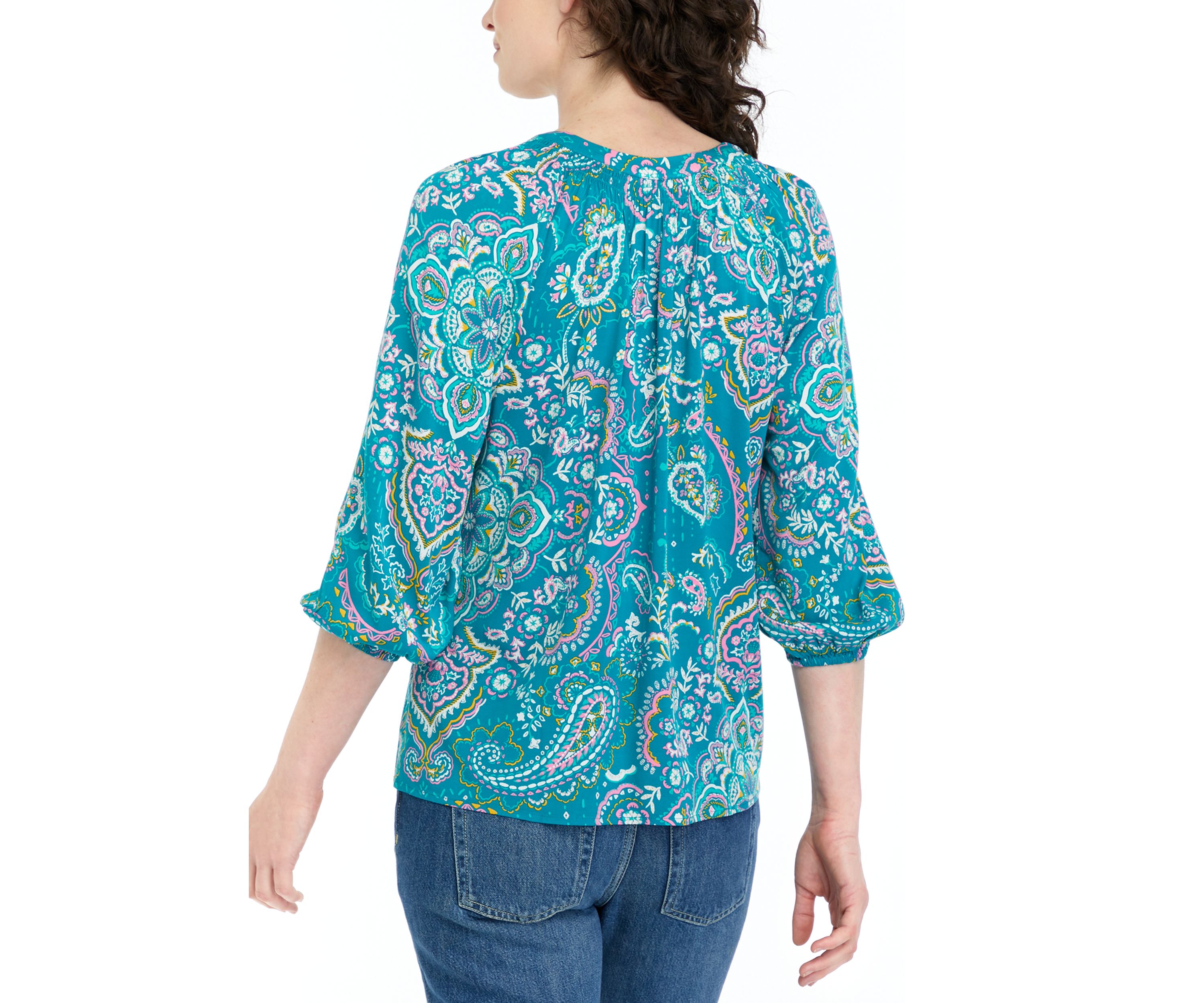 Womens Printed Split Neck Peasant Top